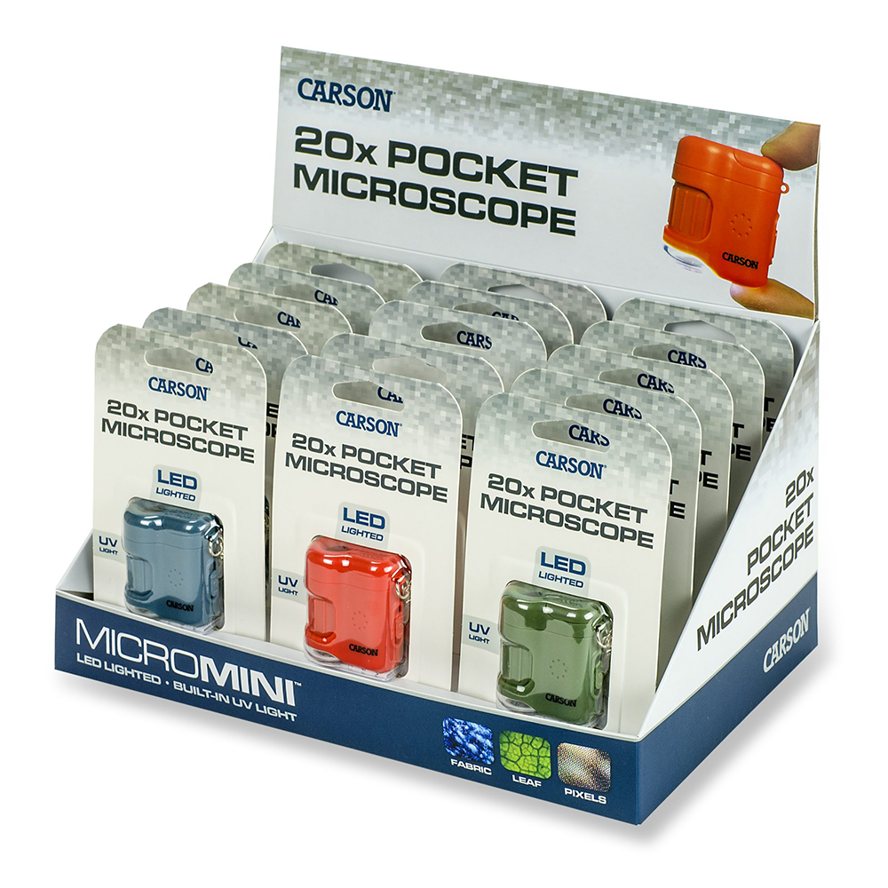 Carson Taschenmikroskop MicroMini 20x mit UV und LED, 15 Stück Display