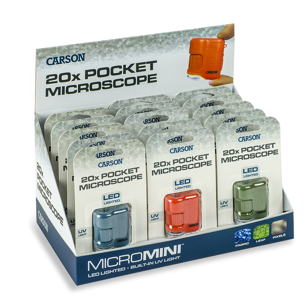 Carson Taschenmikroskop MicroMini 20x mit UV und LED, 15 Stück Display