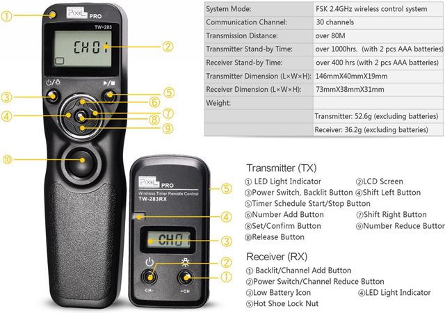 Pixel Timer-Fernbedienung Drahtlos TW-283/DC0 für Nikon