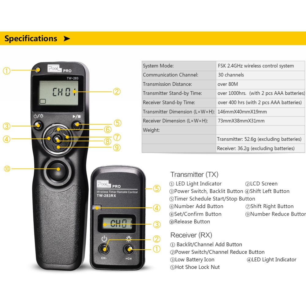 Pixel Timer-Fernbedienung Drahtlos TW-283/DC2 für Nikon